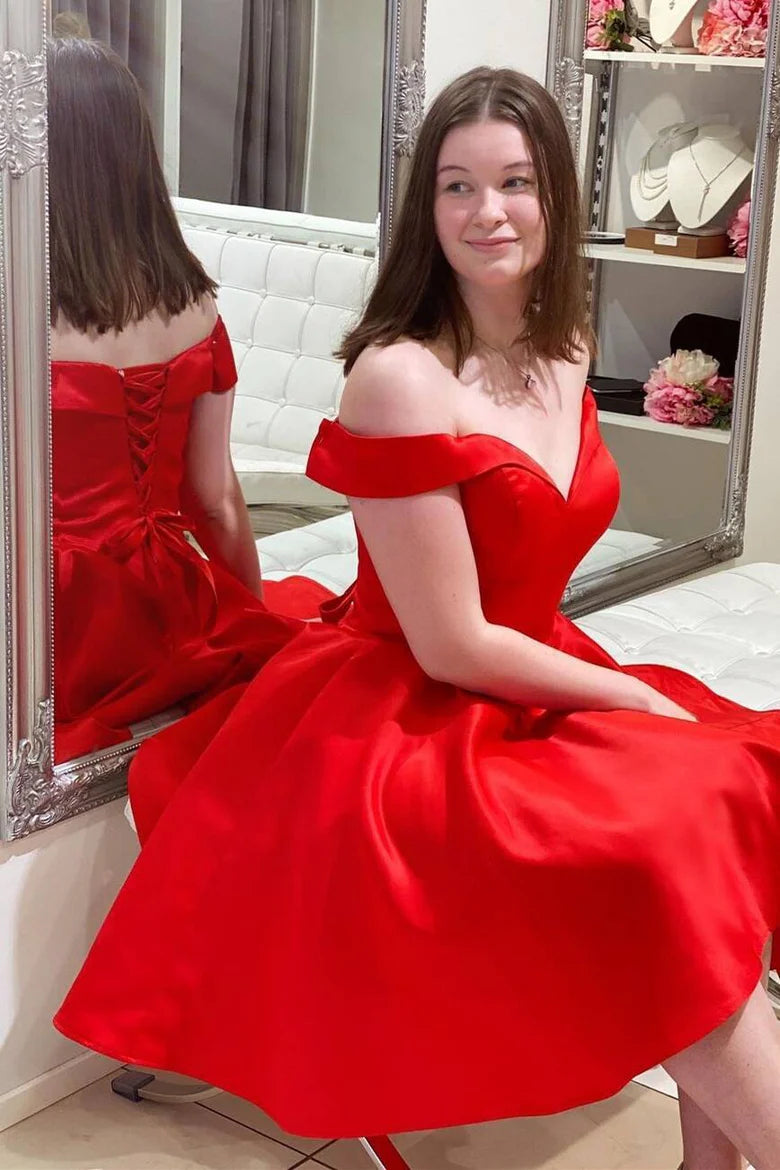 Vestido de fiesta de satén con hombros descubiertos para regreso a casa